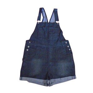 Women's Casual Black Denim Bib Overalls Shorts Adjustable Straps Cuffed Hem Med.